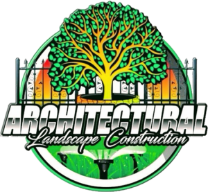 Architectural-Landscape-Logo-1 Logo of "Architectural Landscape Construction" featuring a stylized tree, fence, and water sprinklers.